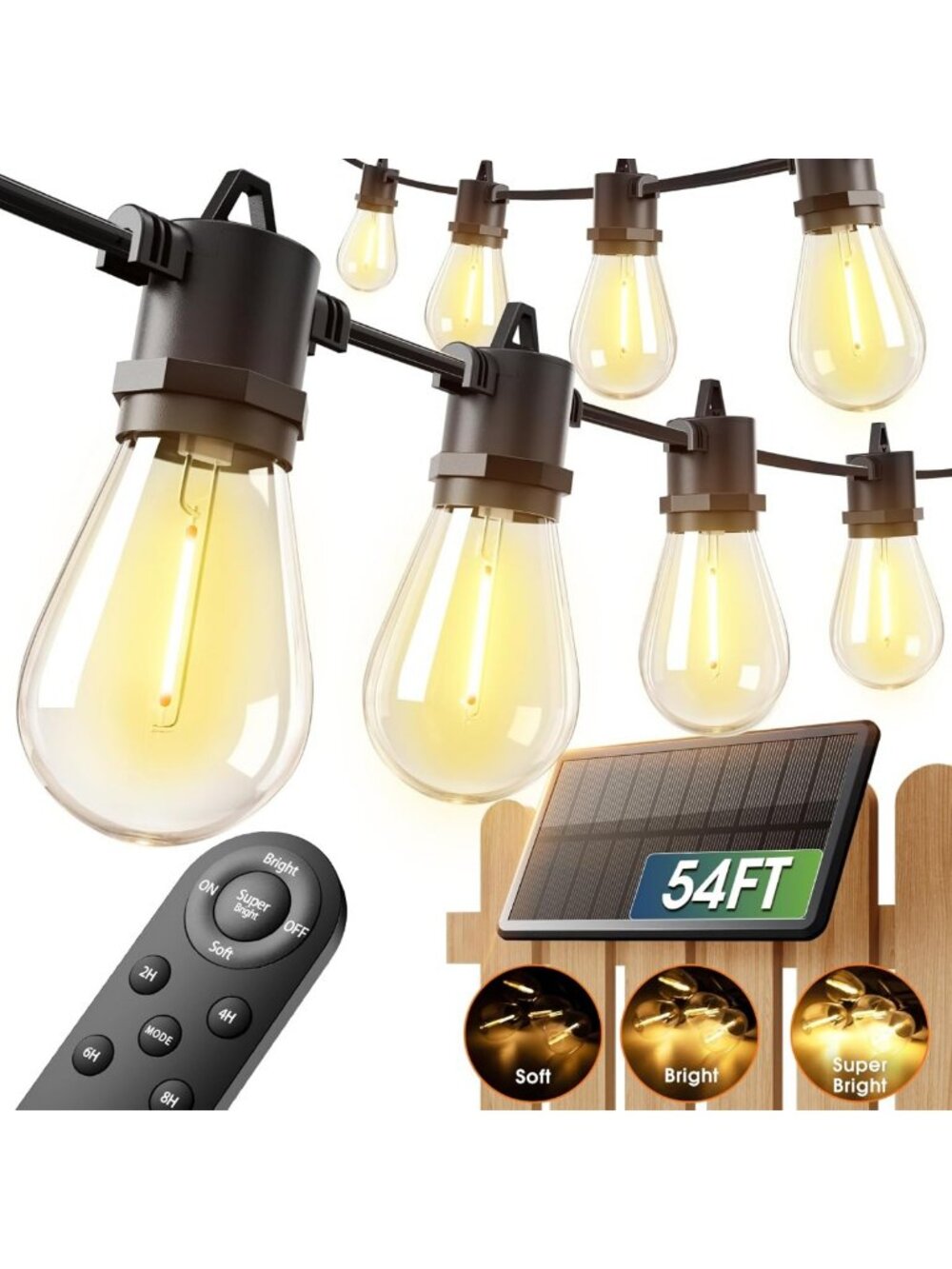 54FT Solar String Lights - Waterproof, Dimmable, USB Rechargeable, Remote
